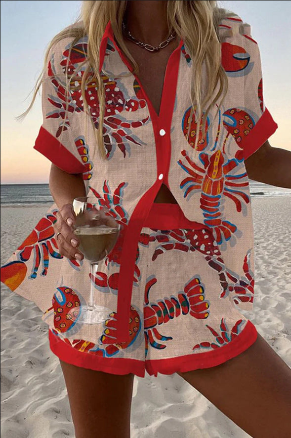 Brielle | Short Linen Set with Lobster Print