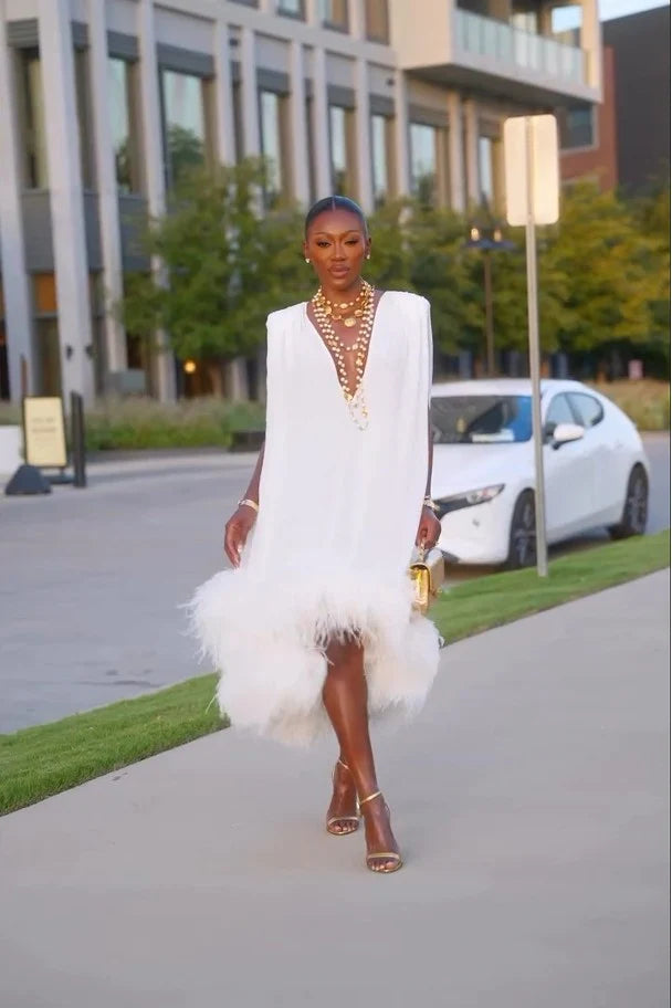 Sandra | Elegant White Feather Midi Dress