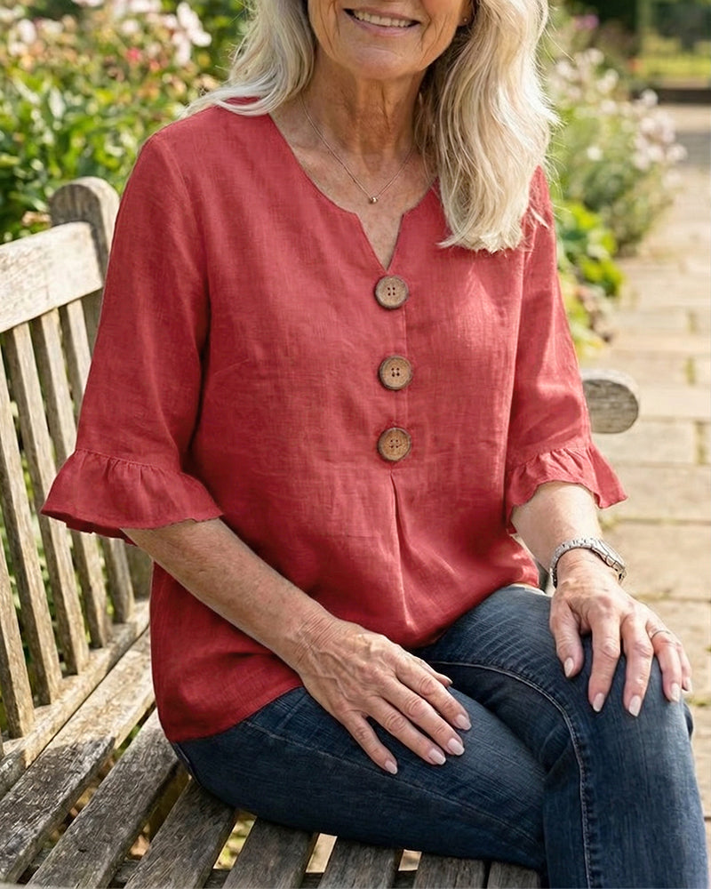 Sophia | Solid Color Cotton-Linen Blouse with Wooden Buttons and Ruffles