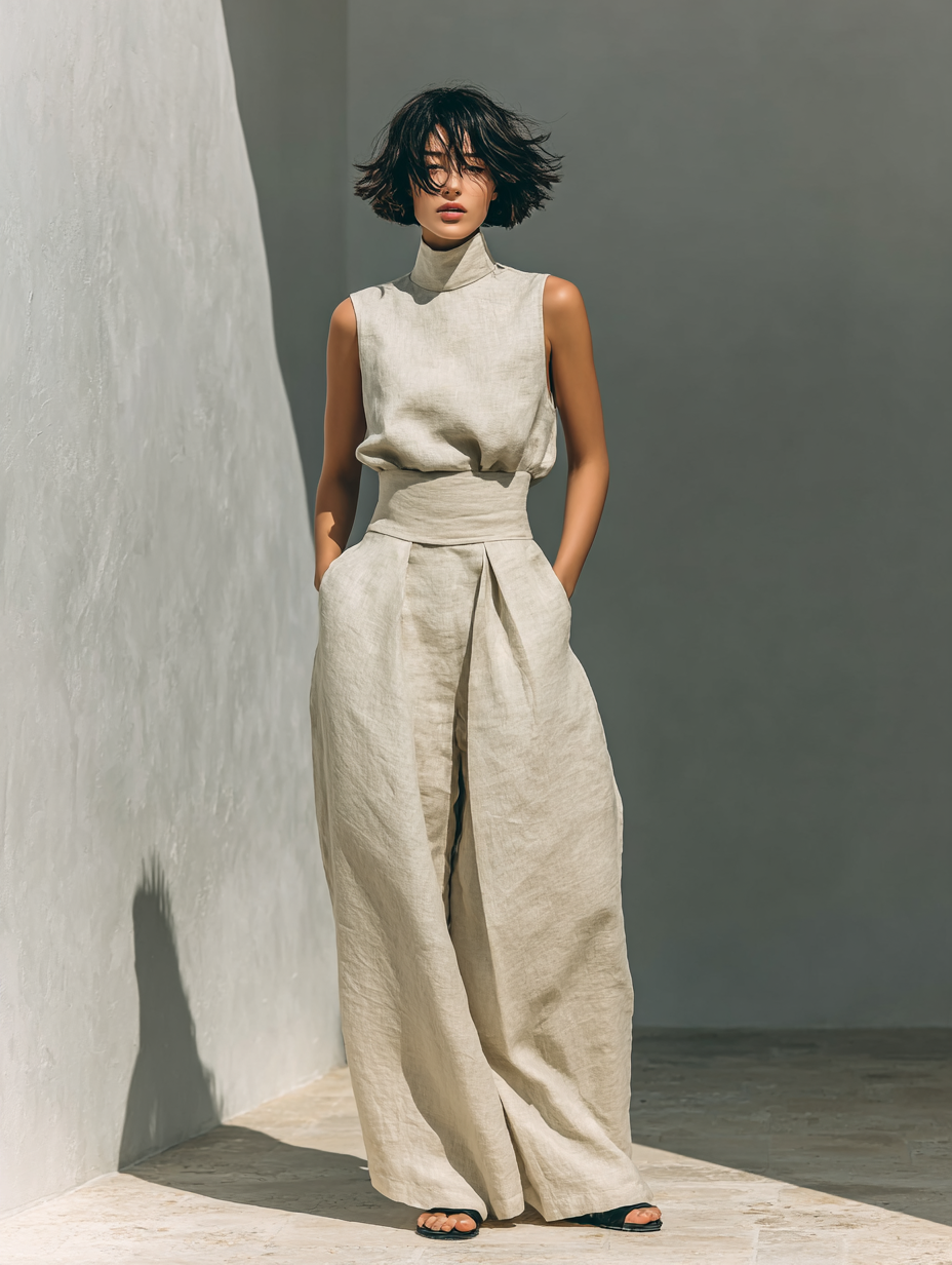 Maria™ | Complete set with sleeveless top and wide-leg cotton and linen pants