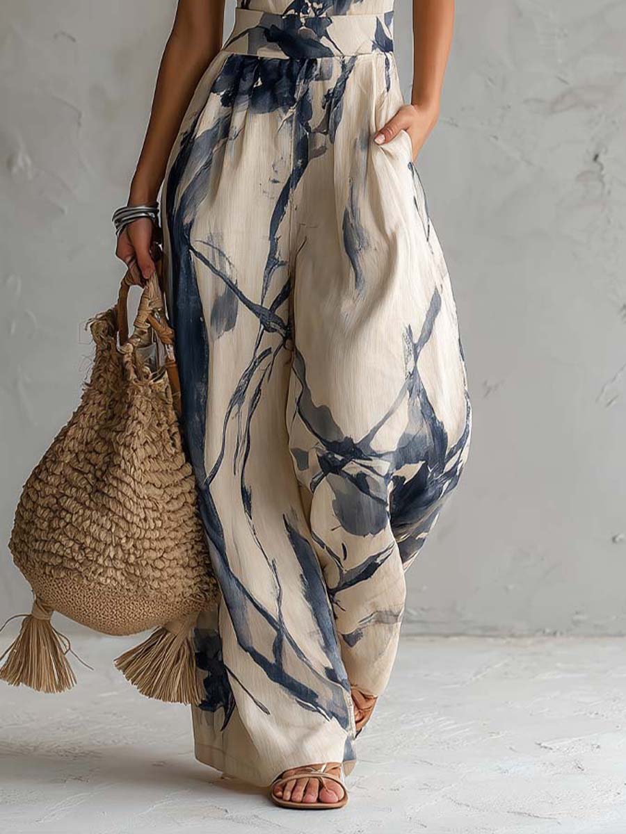 Halter Neck Ink Wash Print Wide Leg Jumpsuit With Pockets