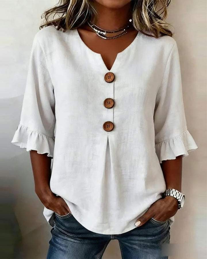Sophia | Solid Color Cotton-Linen Blouse with Wooden Buttons and Ruffles