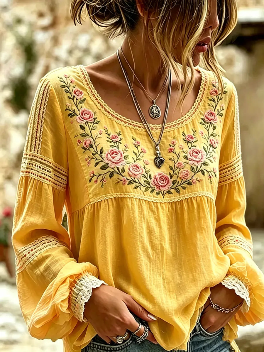 Mireille | Linen Blouse with Rose Embroidery Square Neck & Lace Inserts