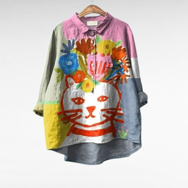 Solène | Creative Cat Print Blouse