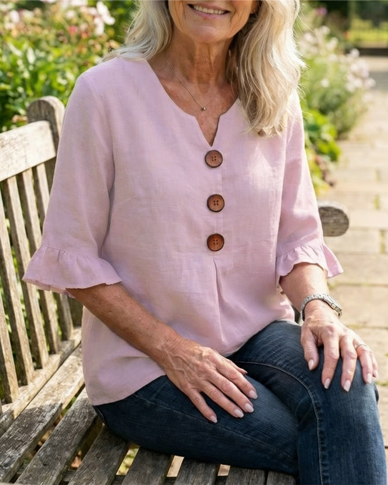 Sophia | Solid Color Cotton-Linen Blouse with Wooden Buttons and Ruffles
