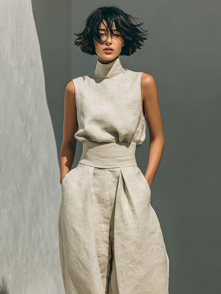 Maria™ | Complete set with sleeveless top and wide-leg cotton and linen pants