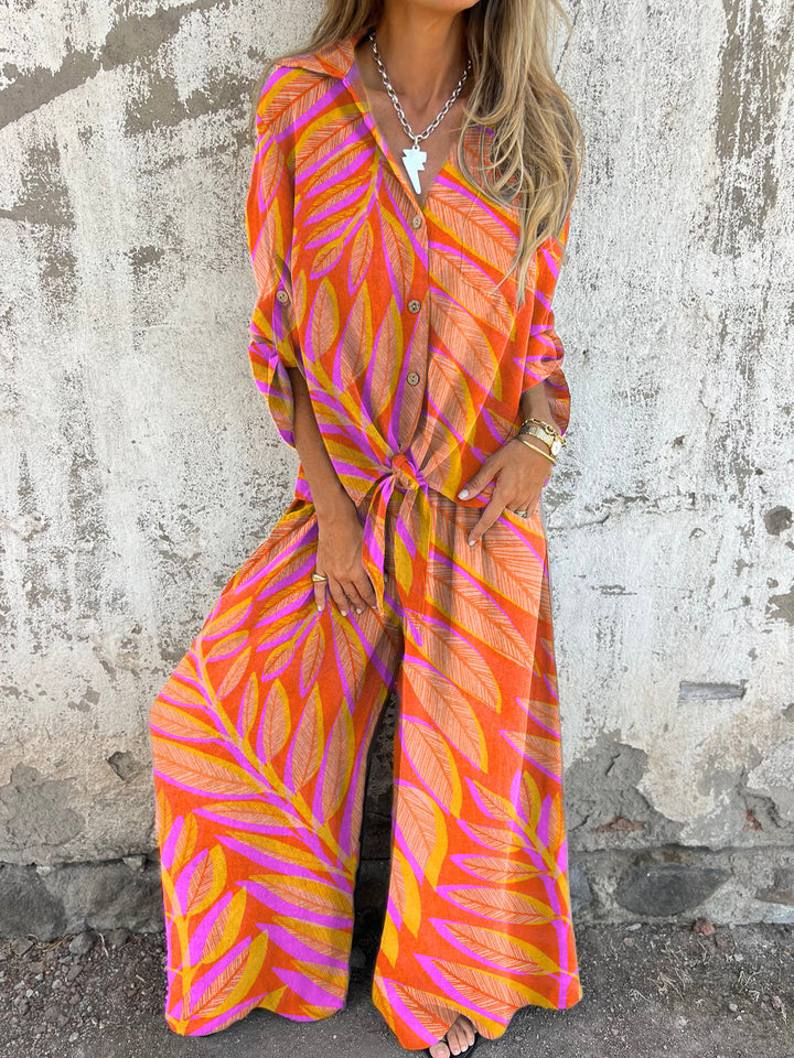Vibrant Palm Tree Leaf Pattern Printed Women's Two-Piece Sets