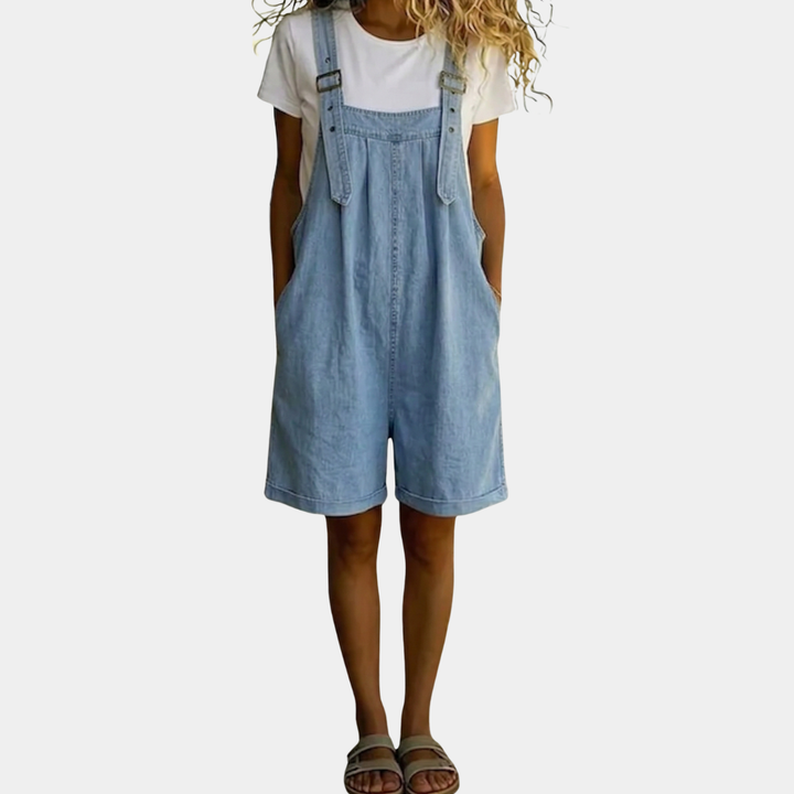 Isabel - Short Denim Jumpsuit with Soft Cotton Look and Vintage Wash Light Blue