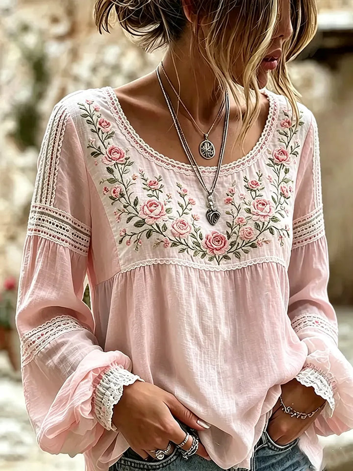 Mireille | Linen Blouse with Rose Embroidery Square Neck & Lace Inserts