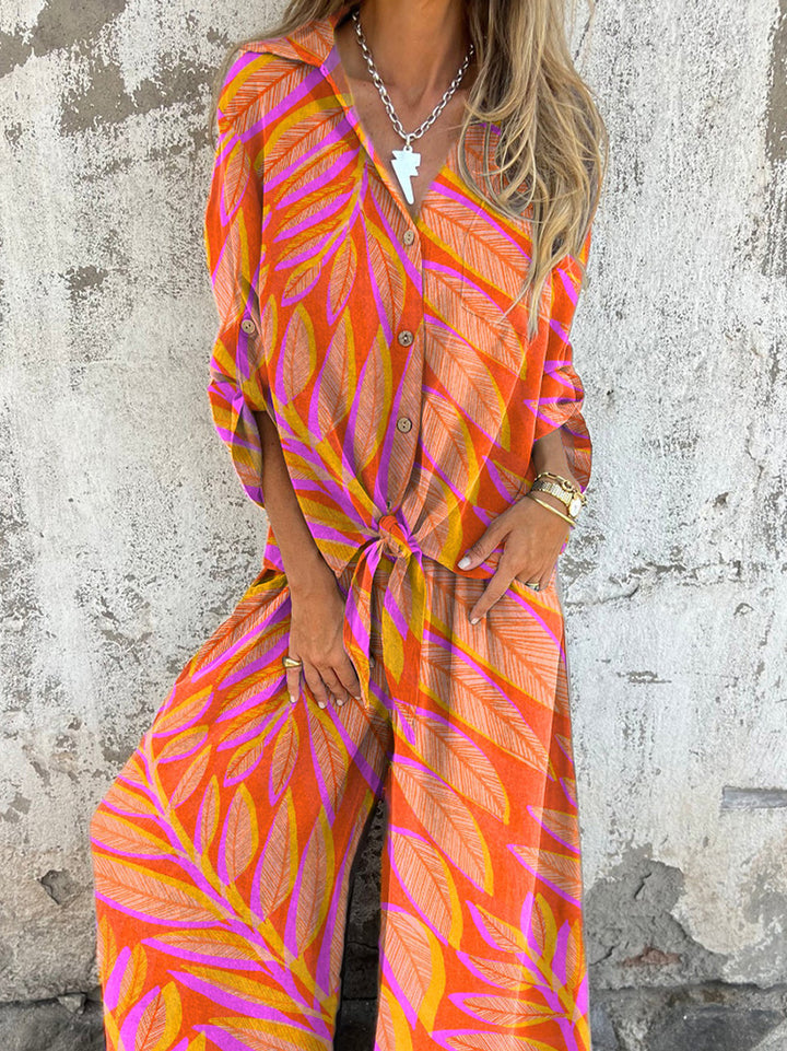 Vibrant Palm Tree Leaf Pattern Printed Women's Two-Piece Sets