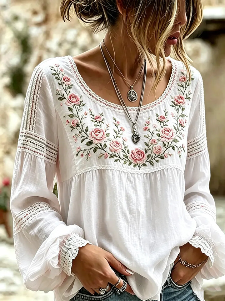 Mireille | Linen Blouse with Rose Embroidery Square Neck & Lace Inserts