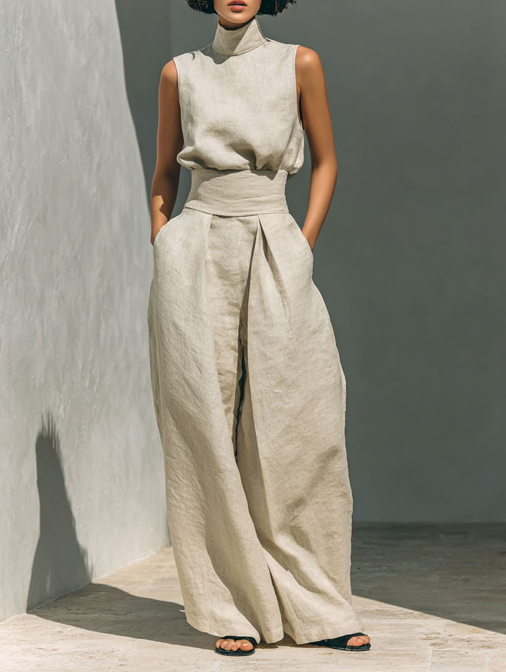 Maria™ | Complete set with sleeveless top and wide-leg cotton and linen pants