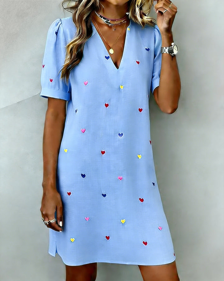 Colorful Heart Print Dress with V-Neck