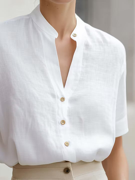 White Linen-Blend Stand Collar Short-Sleeve Blouse