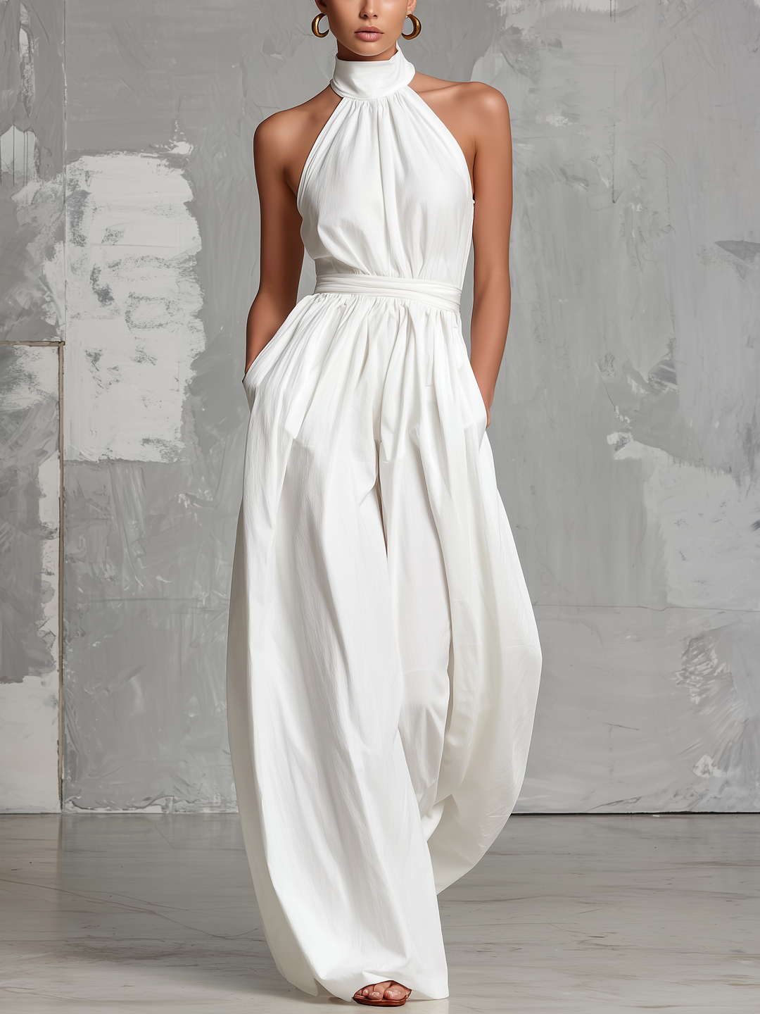 Zoltán | Elegant white woven sleeveless halter-neck jumpsuit