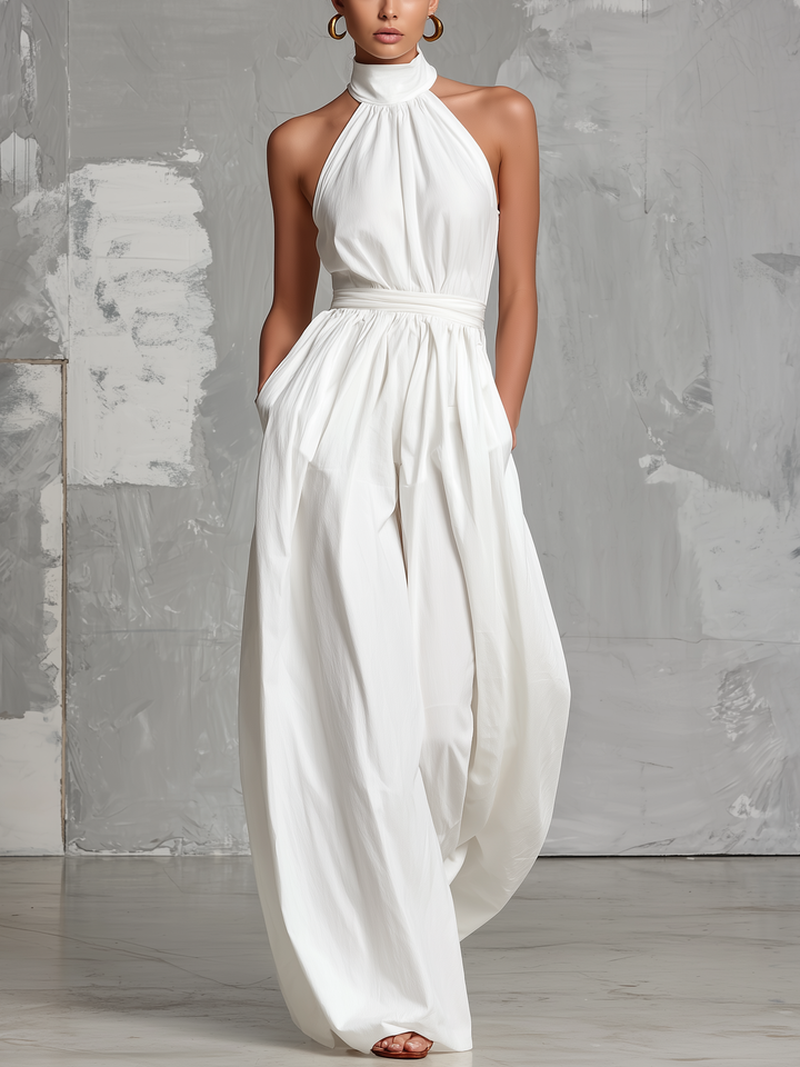 Zoltán | Elegant white woven sleeveless halter-neck jumpsuit