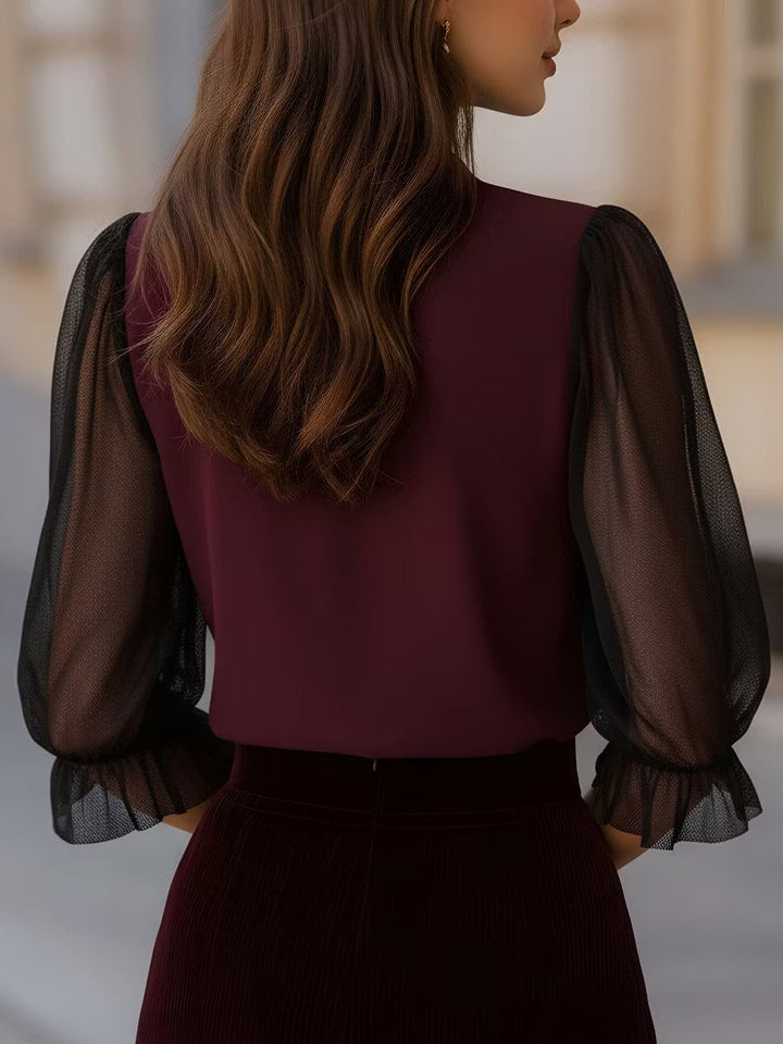 Valora - Sheer Puff Sleeve Button-Up Blouse