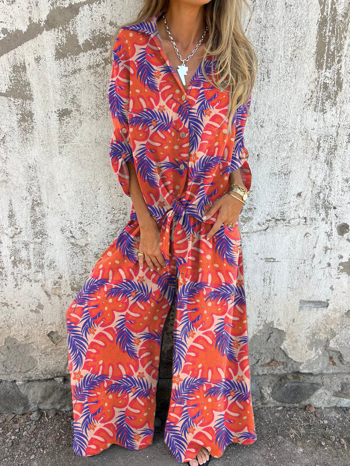 Summer Tropical Leaf Pattern Printed Women's Two-Piece Sets