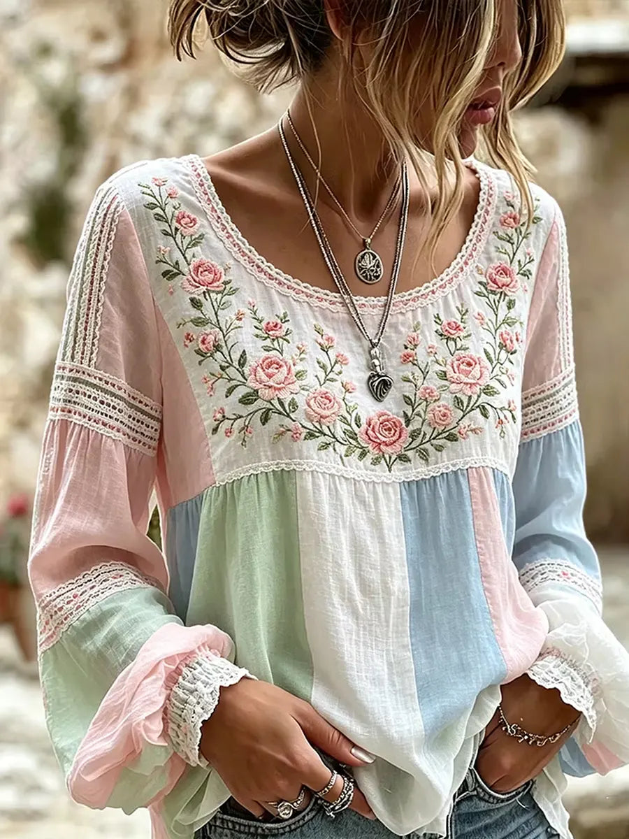 Mireille | Linen Blouse with Rose Embroidery Square Neck & Lace Inserts