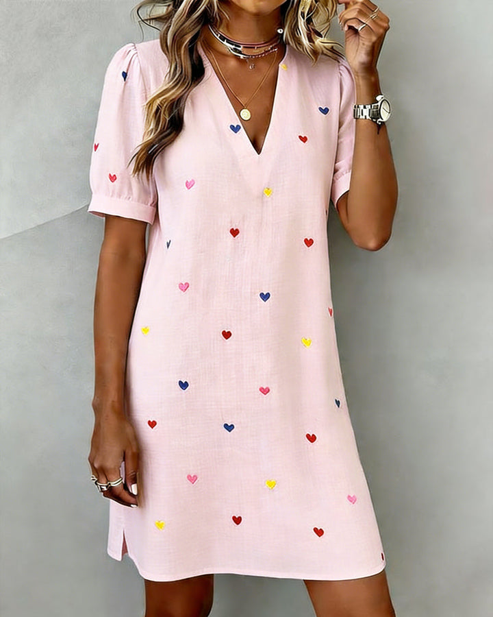Colorful Heart Print Dress with V-Neck