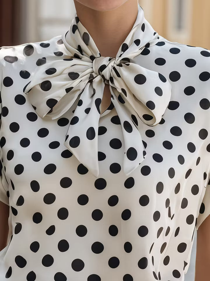 Satin Polka Dot Bow Tie Neck Short Sleeve Blouse