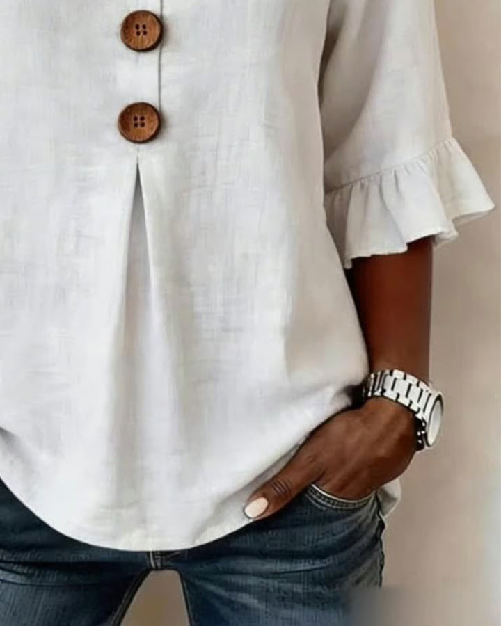 Sophia | Solid Color Cotton-Linen Blouse with Wooden Buttons and Ruffles