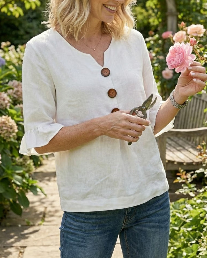 Sophia | Solid Color Cotton-Linen Blouse with Wooden Buttons and Ruffles