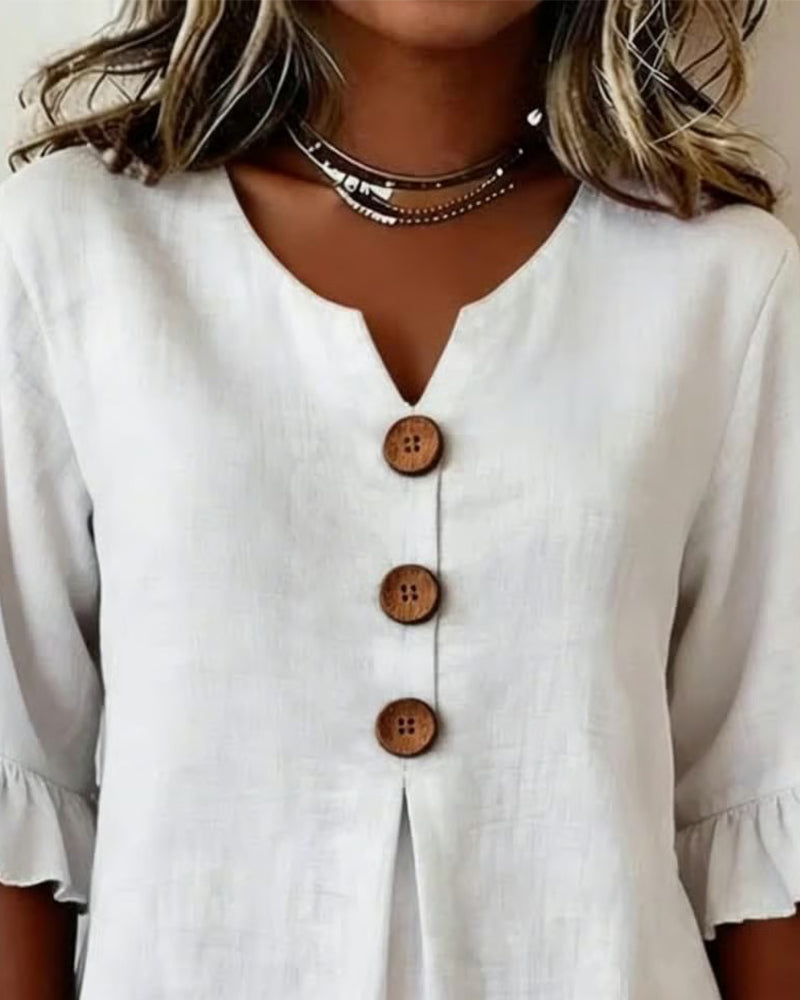 Sophia | Solid Color Cotton-Linen Blouse with Wooden Buttons and Ruffles