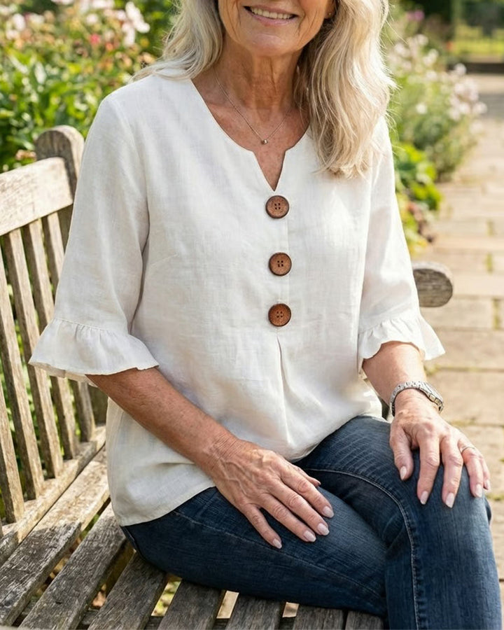 Sophia | Solid Color Cotton-Linen Blouse with Wooden Buttons and Ruffles