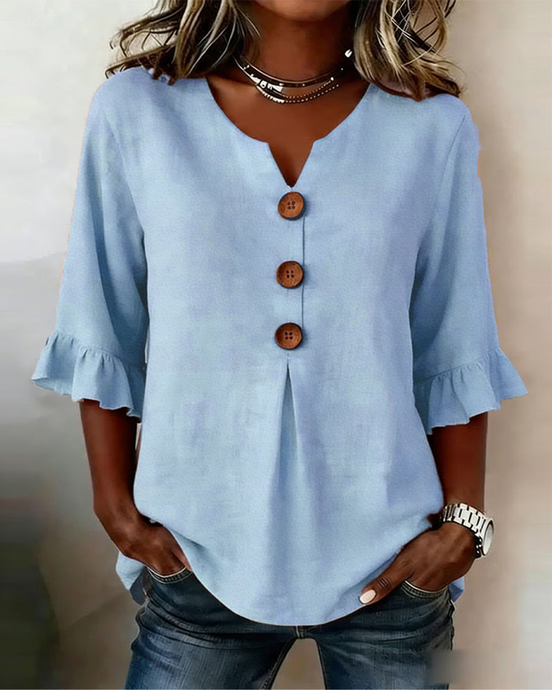 Sophia | Solid Color Cotton-Linen Blouse with Wooden Buttons and Ruffles