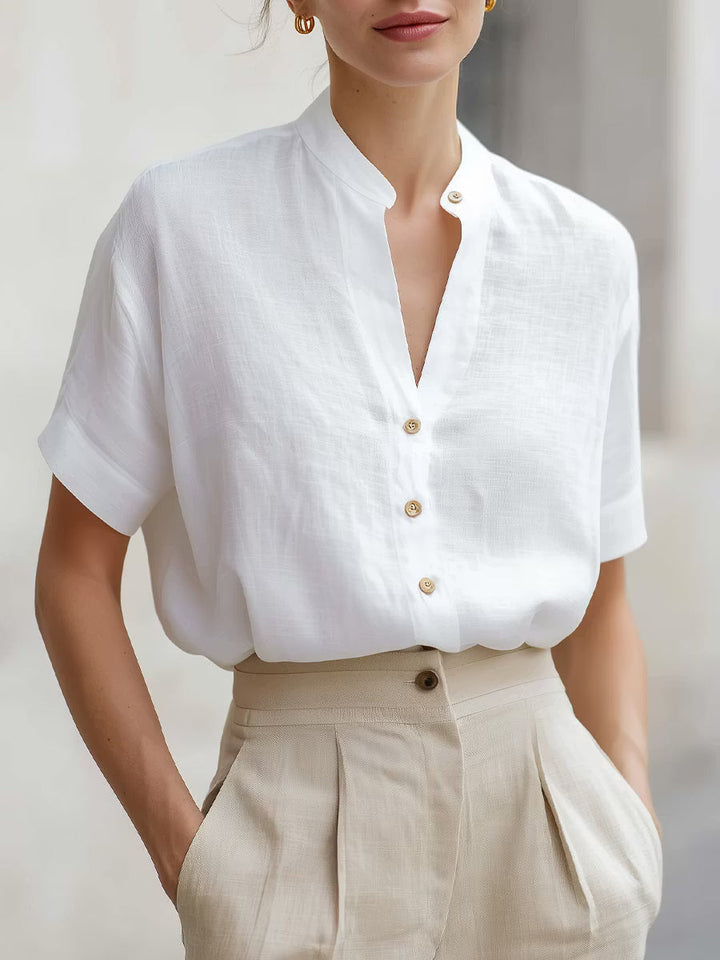 White Linen-Blend Stand Collar Short-Sleeve Blouse