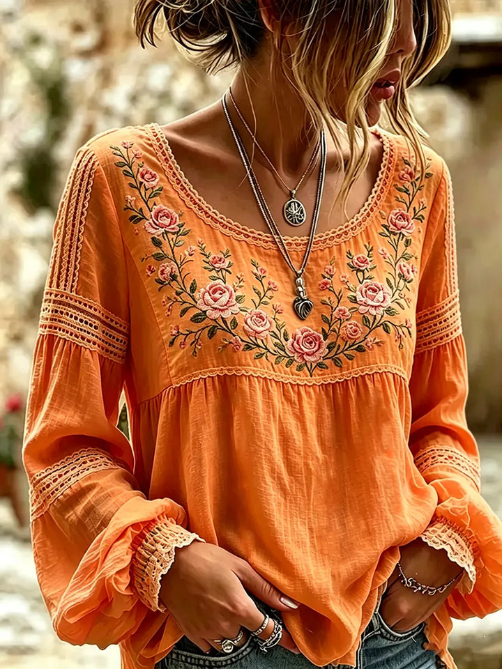 Mireille | Linen Blouse with Rose Embroidery Square Neck & Lace Inserts