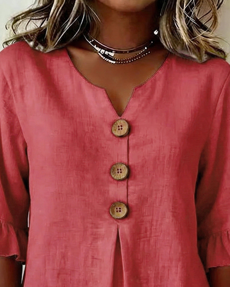 Sophia | Solid Color Cotton-Linen Blouse with Wooden Buttons and Ruffles