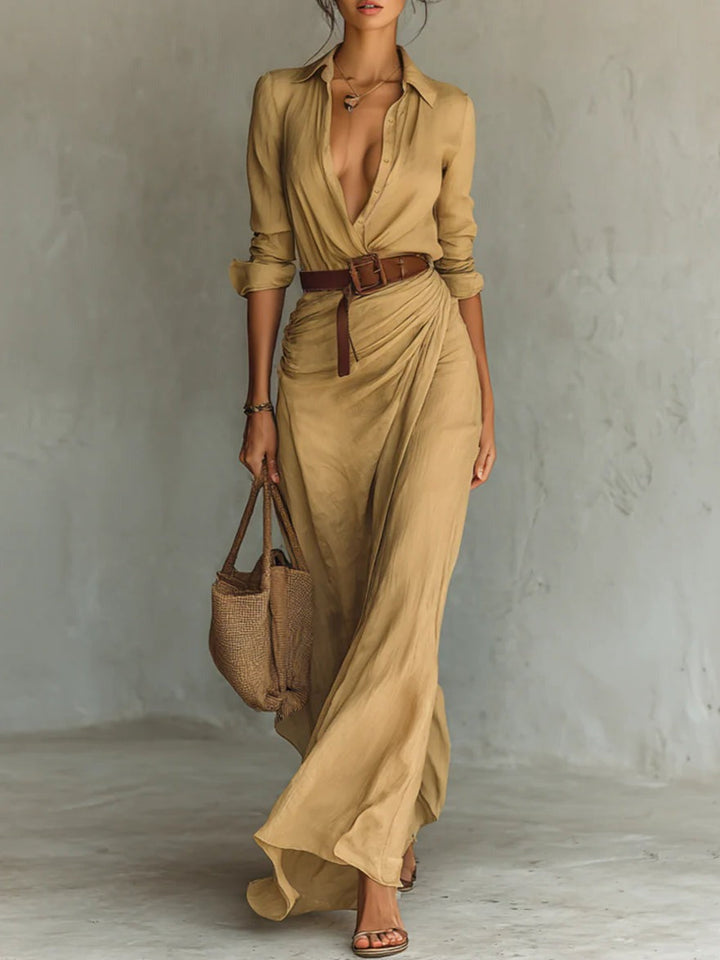 Alyssa | Long Belted Dress With Long Sleeves And Lapels