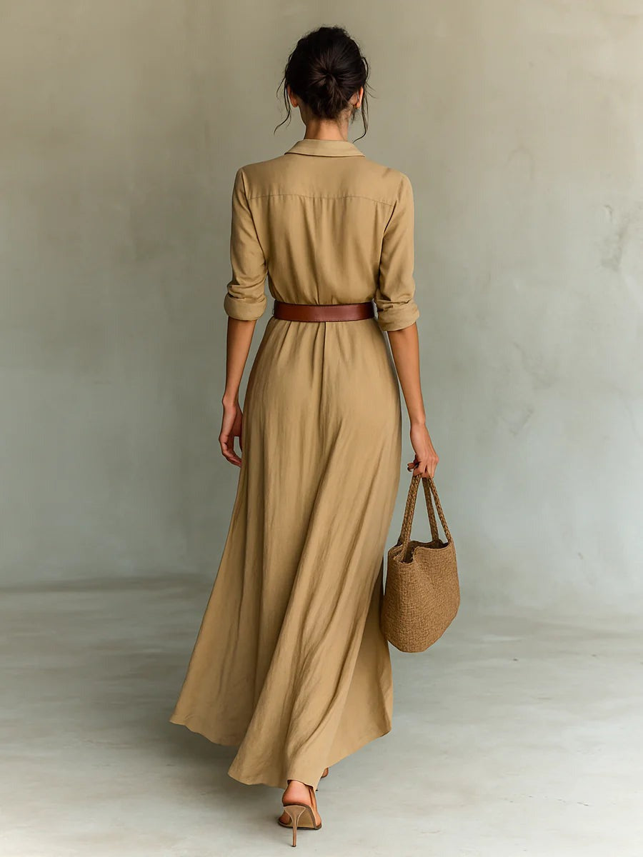 Alyssa | Long Belted Dress With Long Sleeves And Lapels