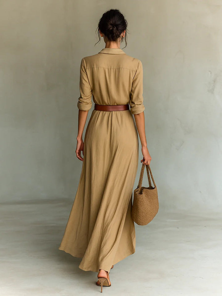 Alyssa | Long Belted Dress With Long Sleeves And Lapels