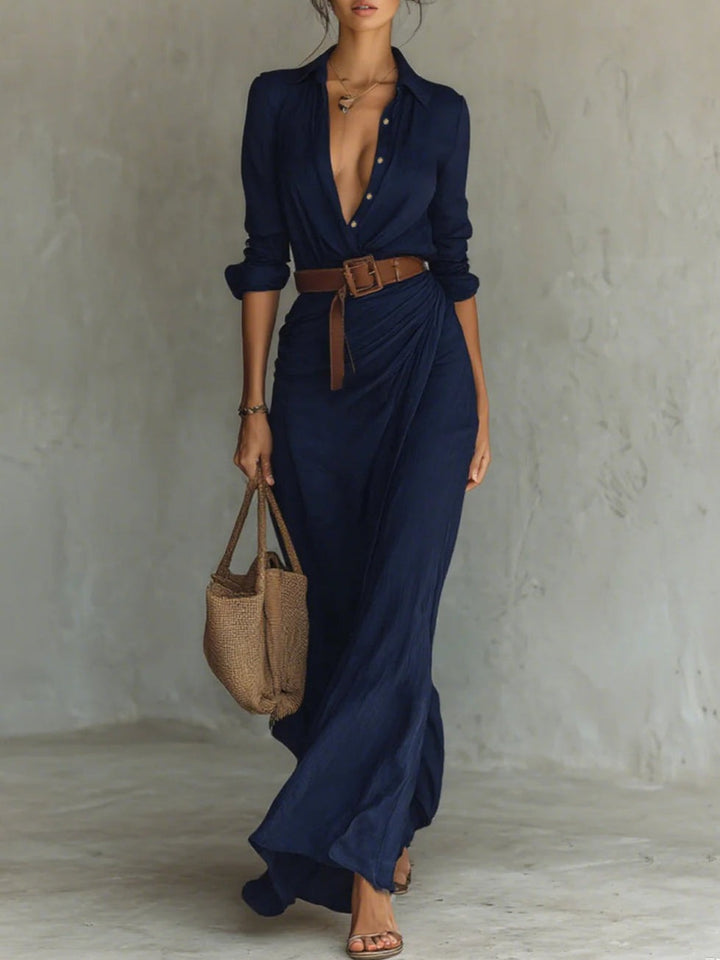 Alyssa | Long Belted Dress With Long Sleeves And Lapels