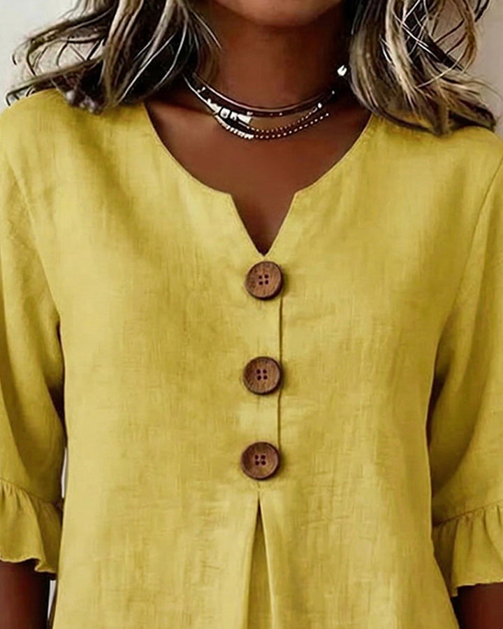 Sophia | Solid Color Cotton-Linen Blouse with Wooden Buttons and Ruffles