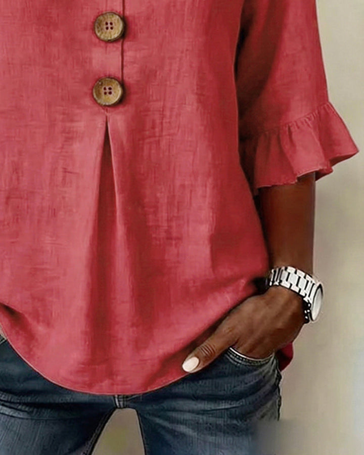 Sophia | Solid Color Cotton-Linen Blouse with Wooden Buttons and Ruffles