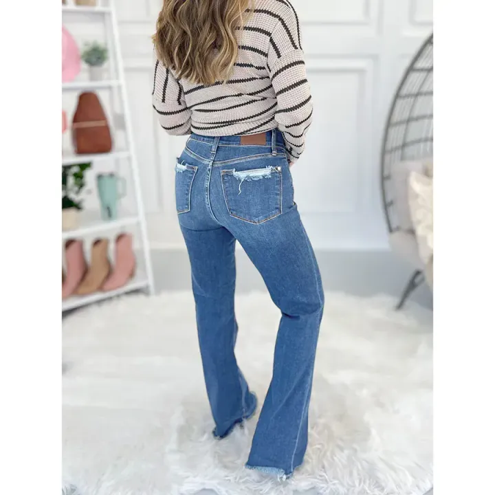 Jhana™ | High Rise Frayed Hem Non Distressed Bootcut Jeans