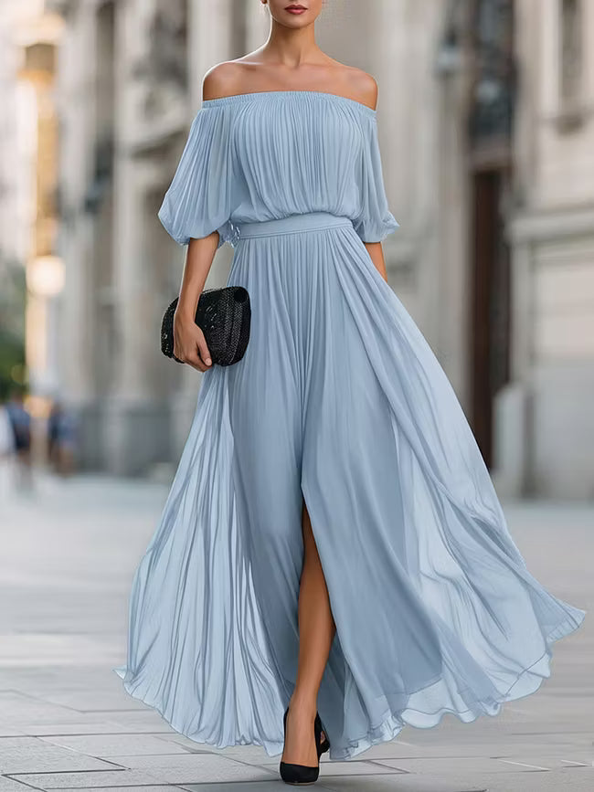 Victoria | Off-Shoulder Pleated Chiffon Maxi Dress
