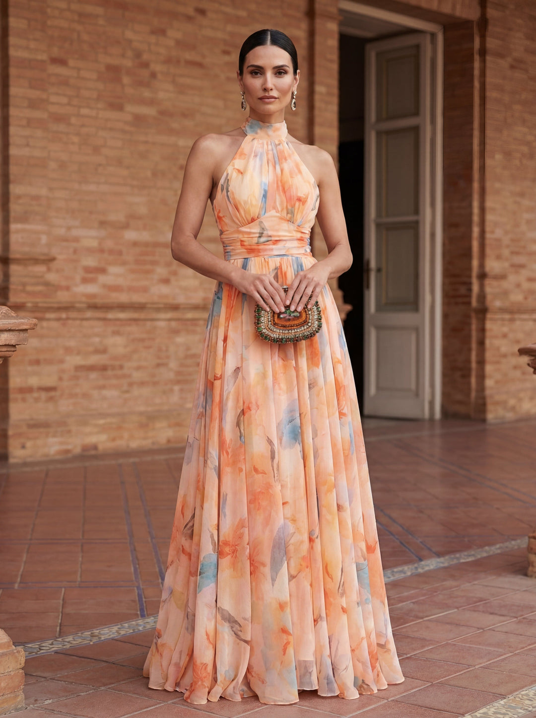 Watercolor Print Halter Neck Dress
