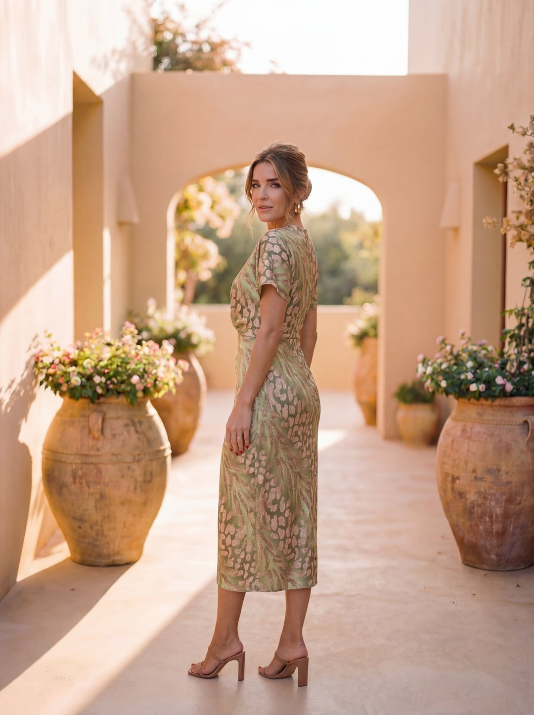 Midi dress with slimming effect, central knot, and fluid drape