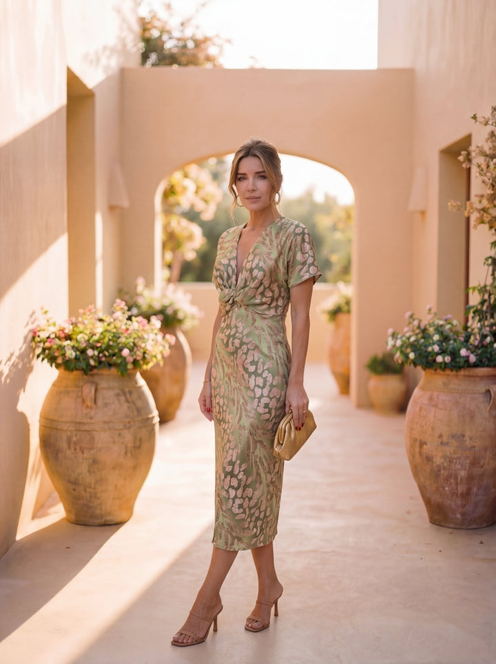 Midi dress with slimming effect, central knot, and fluid drape