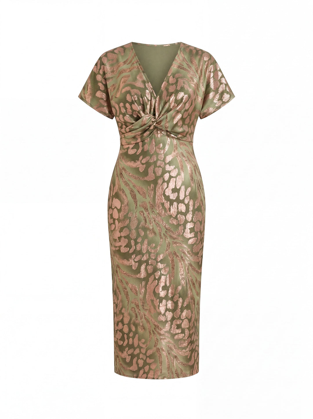 Midi dress with slimming effect, central knot, and fluid drape