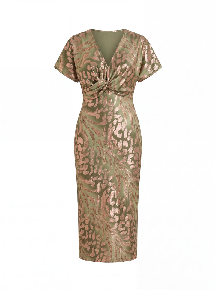 Midi dress with slimming effect, central knot, and fluid drape