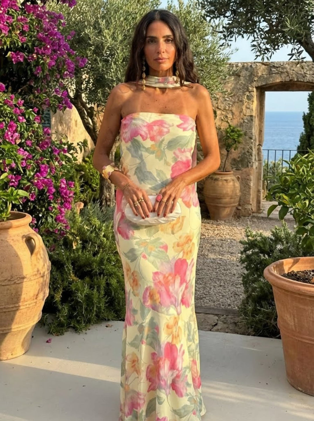 Long strapless floral watercolor dress