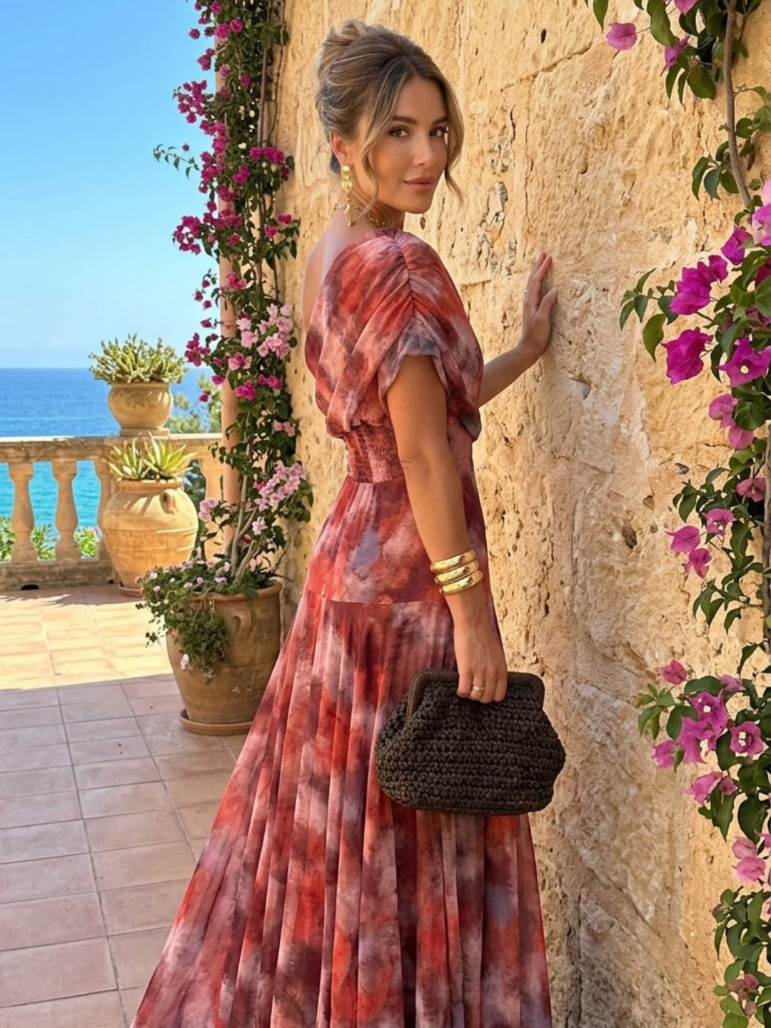 Long dress with dropped shoulders watercolor