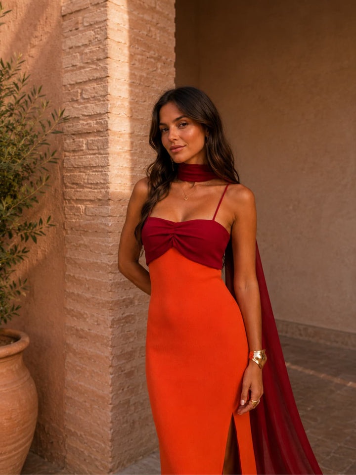 Bicolored Draped Long Dress