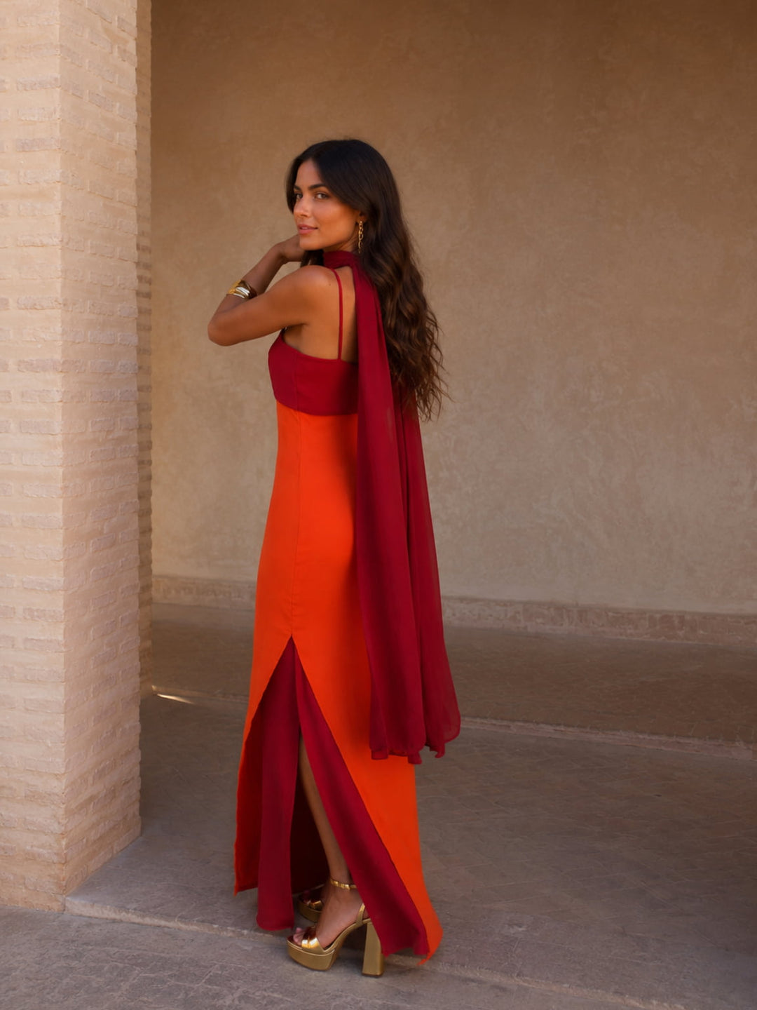 Bicolored Draped Long Dress